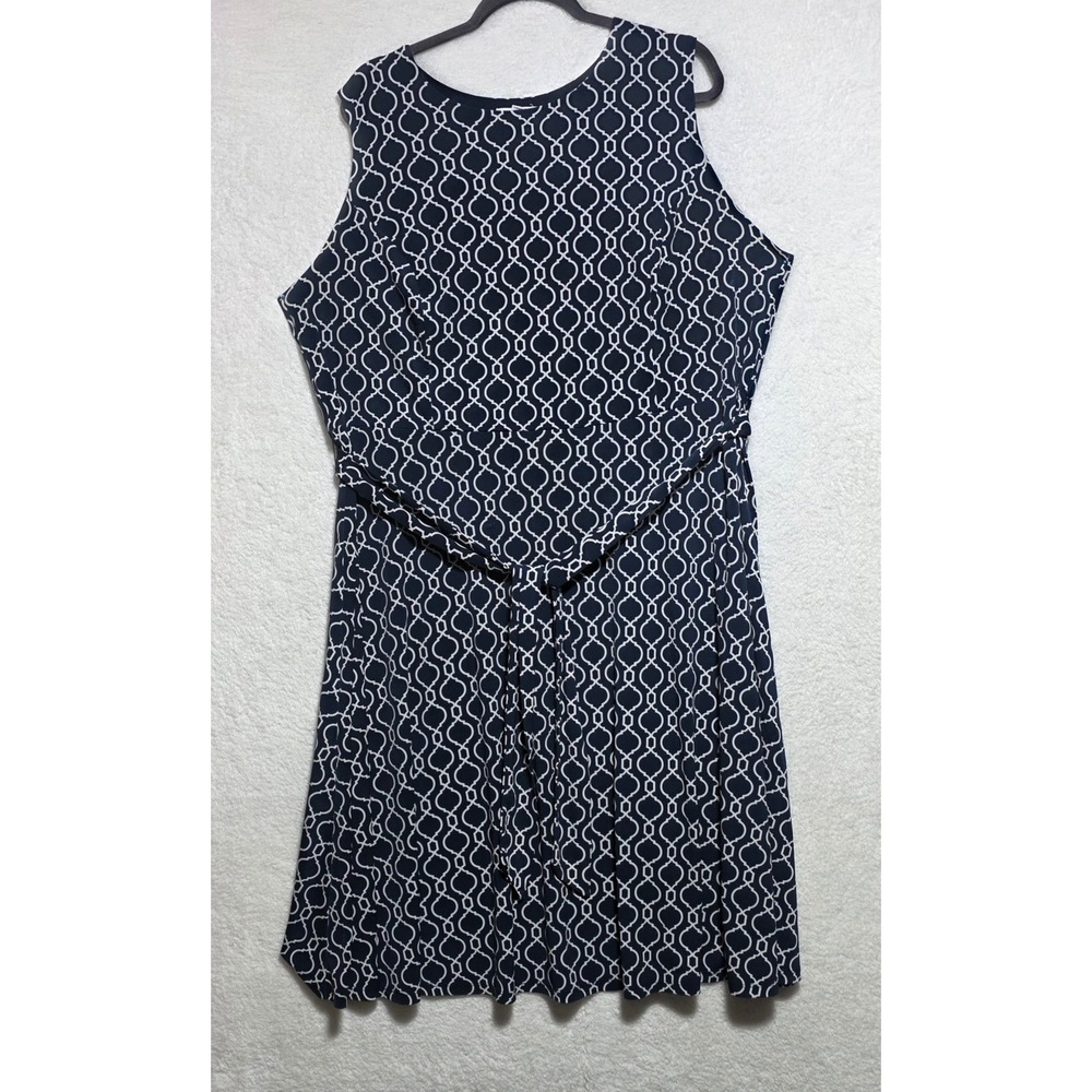 Charter Club Woman Navy Blue White Geometric Lattice Sleeveless Belted Dress 2X